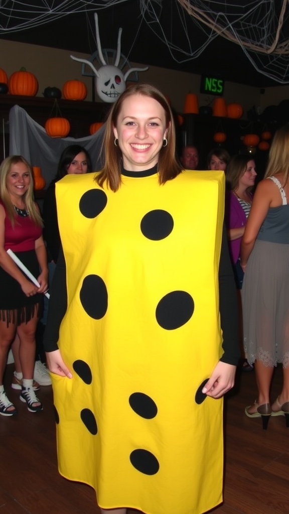 A person in a cheese costume at a Halloween party, smiling amidst decorations.